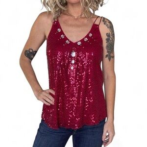 Y2K The Limited Sequin Cami Top Women’s M Red Gemstones Glam NYE Club Party 90s